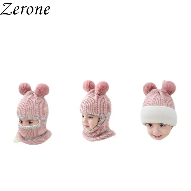 Winter Childrens Cute Plus Velvet Thick Wool Knitted Ball Hat for Girls Korean Version Warm Scarf Boys and Children Hedge 240925