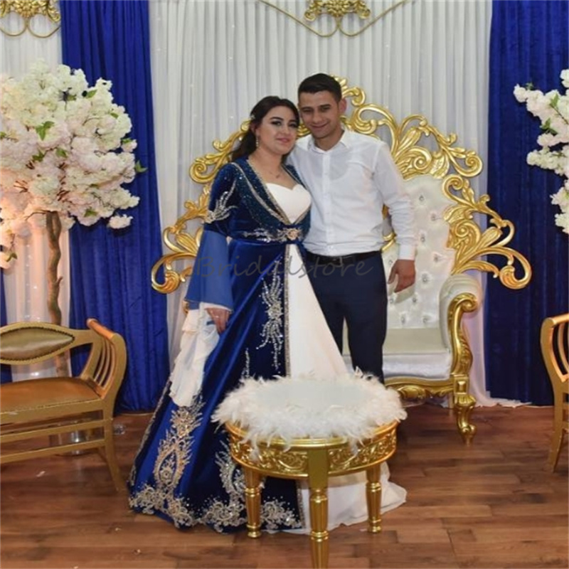 Luxury Navy Blue Turkish Wedding Dresses Sparkly Beaded Long Sleeve Moroccan Fantasy Aesthetic Bridal Gowns Pakistani Bride Dress Arabic Vestido De Ca