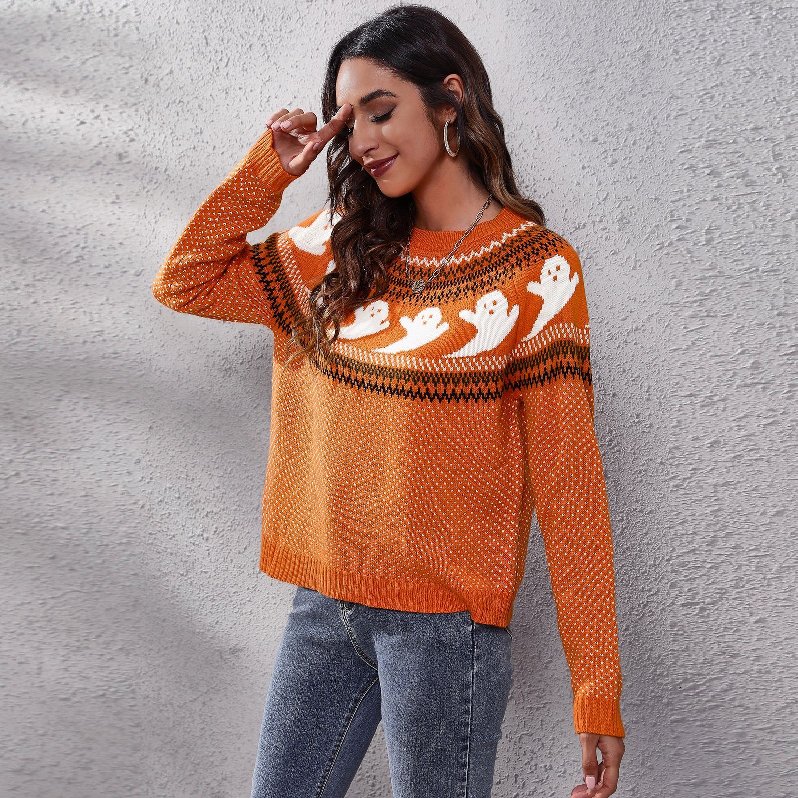 Autumn Winter Women's Knitted Round Neck Pullover Halloween Ghost Retro Polka Dot Loose Long-sleeved Sweater
