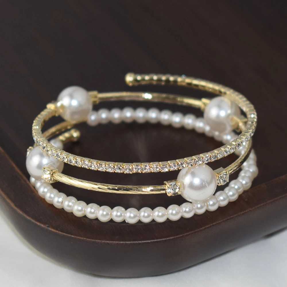 Crystal Pearl Bracelet Womens Rhinestone Multi layer Adjustable Bracelet Cuffs Gold Silver Plated Charm Bracelet Jewelry Gift W240925