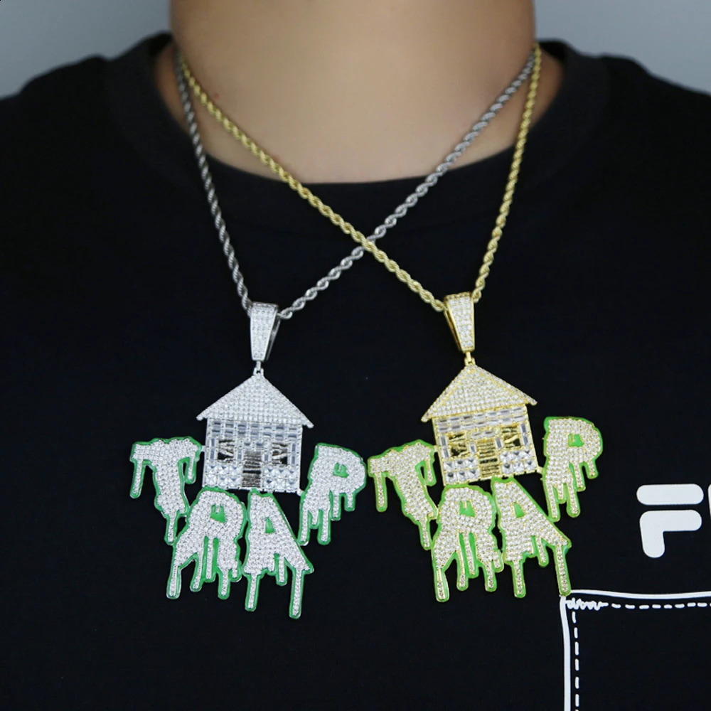 Iced Out Bling CZ Letter Trap Pendant Necklace Zircon House Green Fluorescenc Charm Men Hip Hop Jewelry 240918