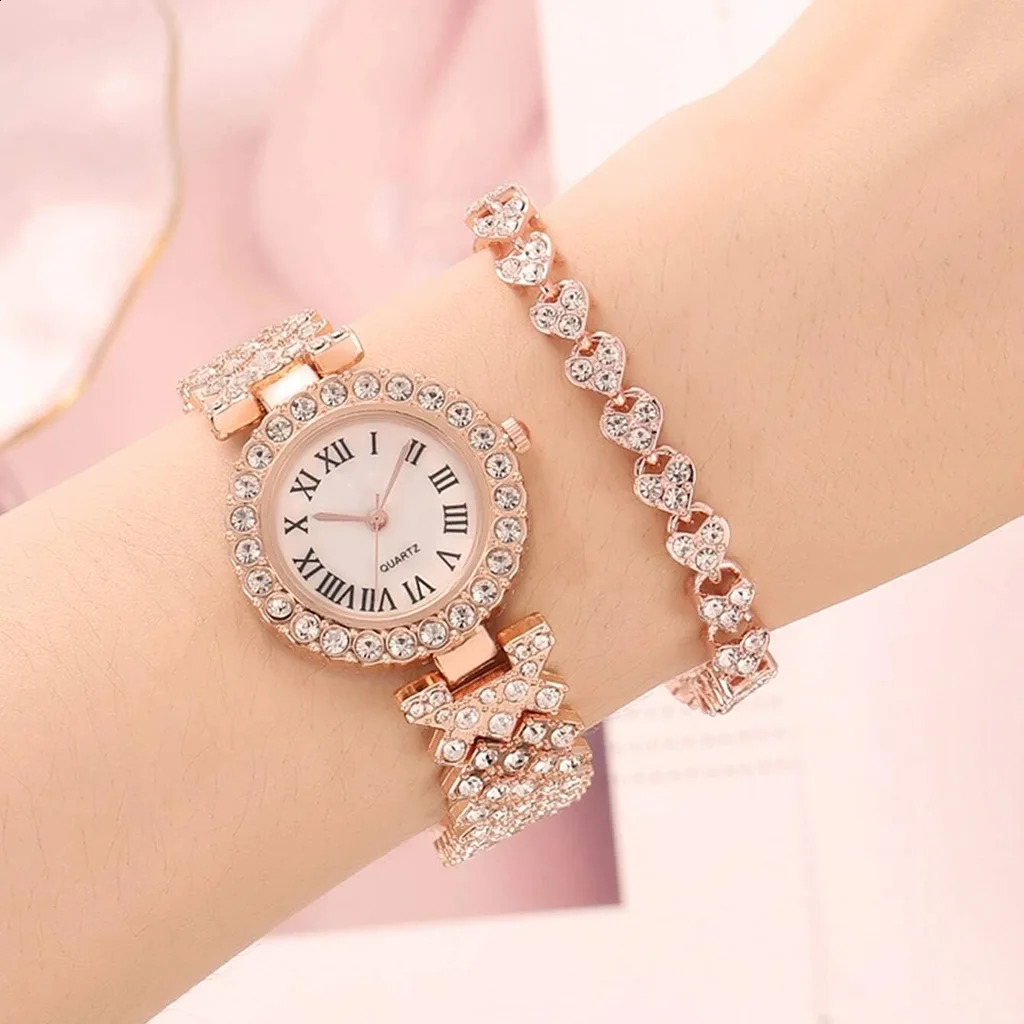 Womens Sparkling Bracelet Watch 2-piece Set Rose Gold Watch Fashion Womens Elegant Quartz Diamond Watch Womens Reloj Mujer 240929