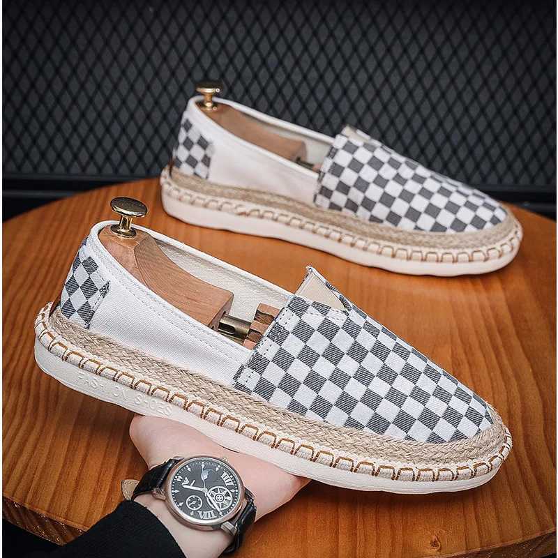 New Men Canvas Casual Shoes Summer Breathable Canvas Slip-on Loafers Street Trend Checkered Flat Fisherman Shoes M240925
