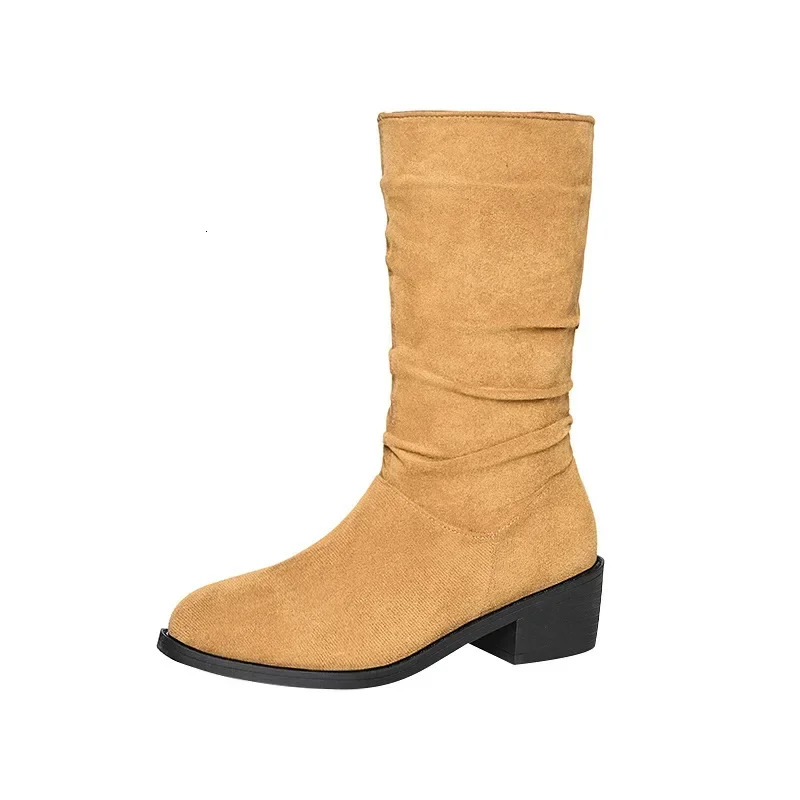 Women's Fur Suede Western Mid-Calf New Pointed Thick Heel Short Vintage Pleated Fashion Boots Women 2024