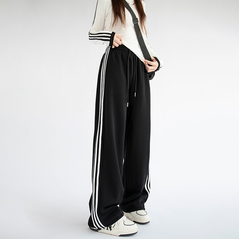 White sports for women in autumn and winter 2024, new high waisted loose side stripe casual straight sweatpants, American wide leg pants