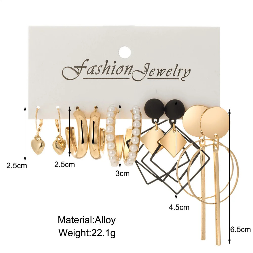 Fashion Gold Black Metal Resin Earring Set for Women Retro Geometric Round Pearl Heart Butterfly Pendant Earrings Jewelry 240925