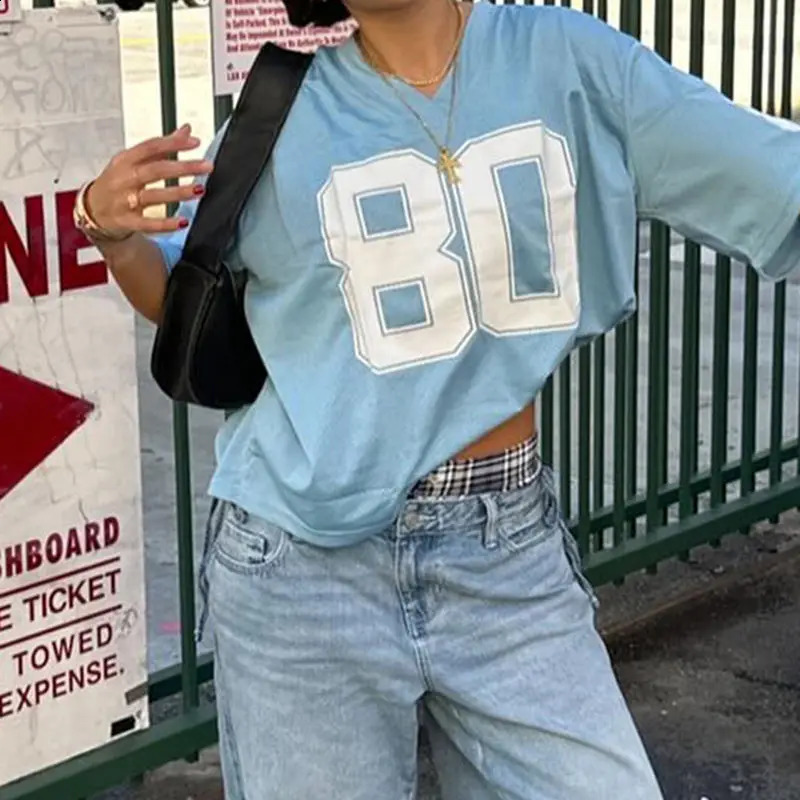 Oversized blue knitted mesh fabric sports style 80 digital printed T-shirt suitable for womens fashionable pink street American loose casual top 24092