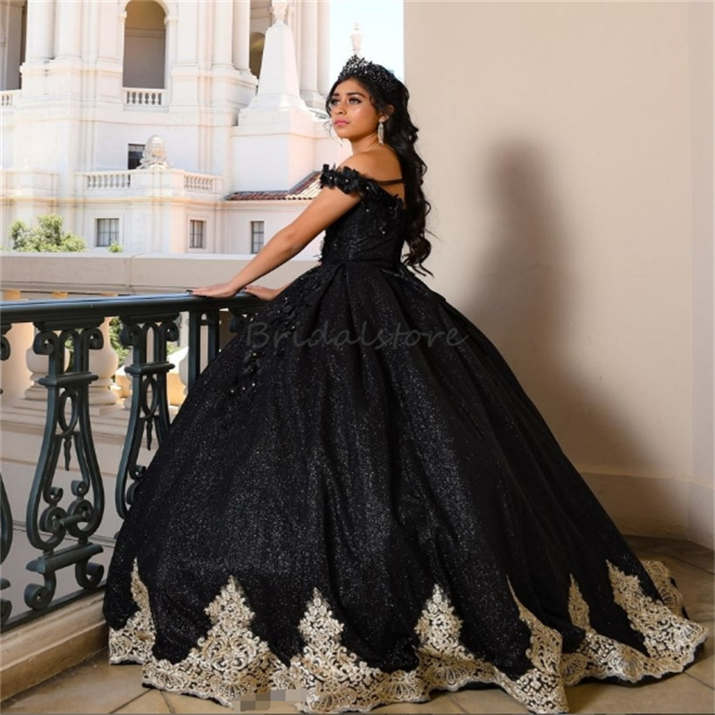 Sparkly Black Charro Quinceanera Dresses With 3D Florals Off Shoulders Glitter Appliques Lace Mexican Birthday Party Dress 2025 Halloween Gothic Debut