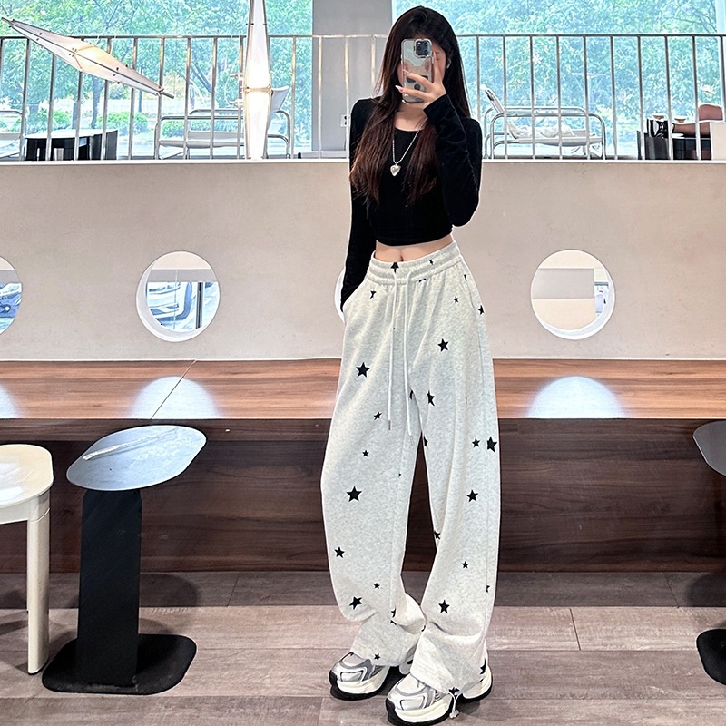 White wide women's bathroom autumn winter new item, printed star pants, high waisted loose and casual straight leg pants for walking