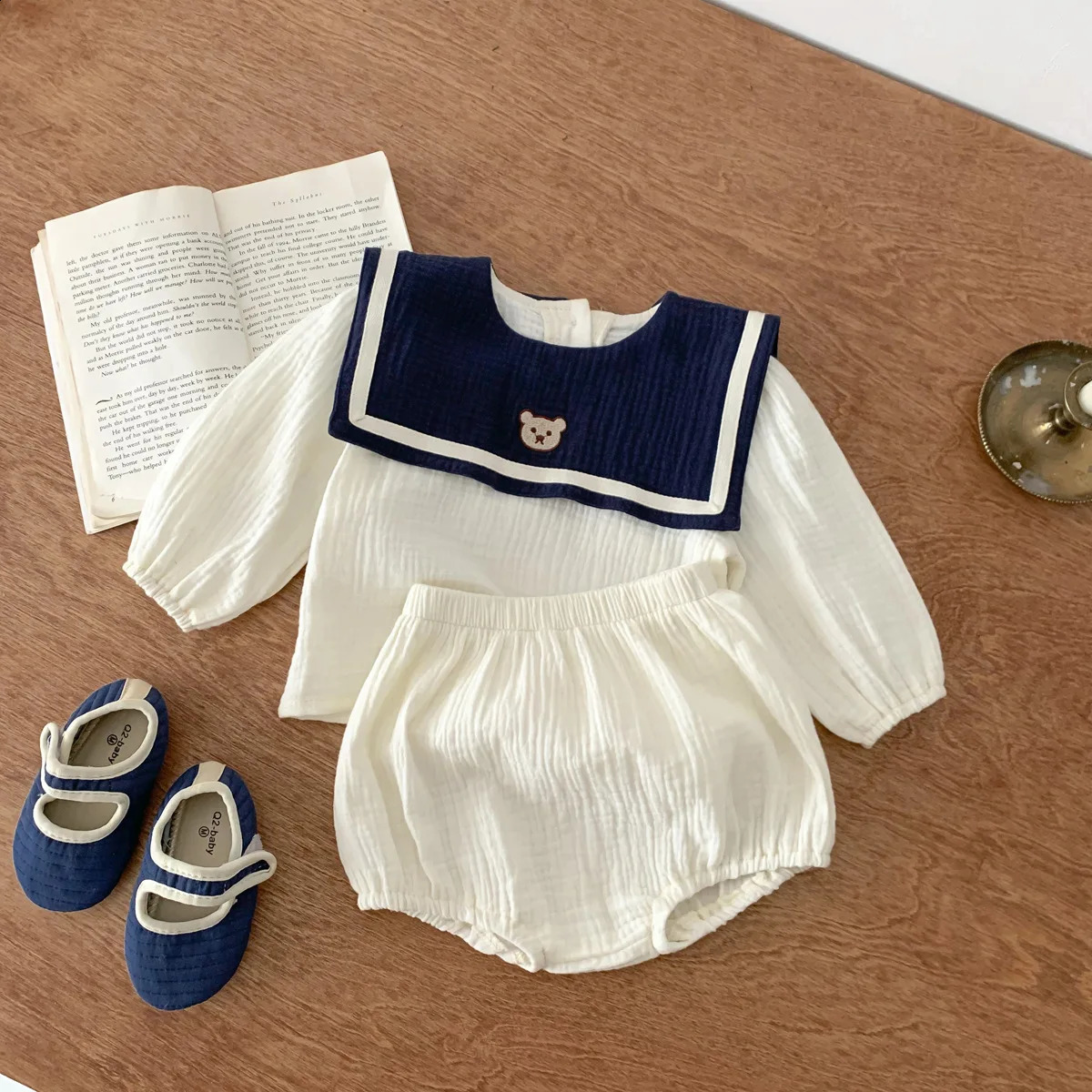 Long sleeved shirtbread pants Korean casual baby clothing born organic cotton navy blue collar Stye 240925