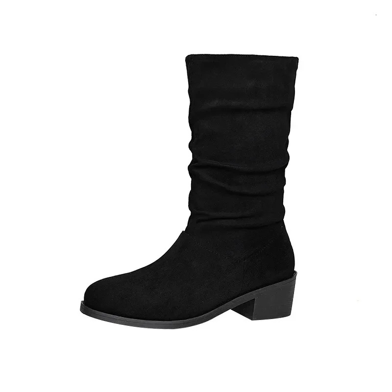 Women's Fur Suede Western Mid-Calf New Pointed Thick Heel Short Vintage Pleated Fashion Boots Women 2024