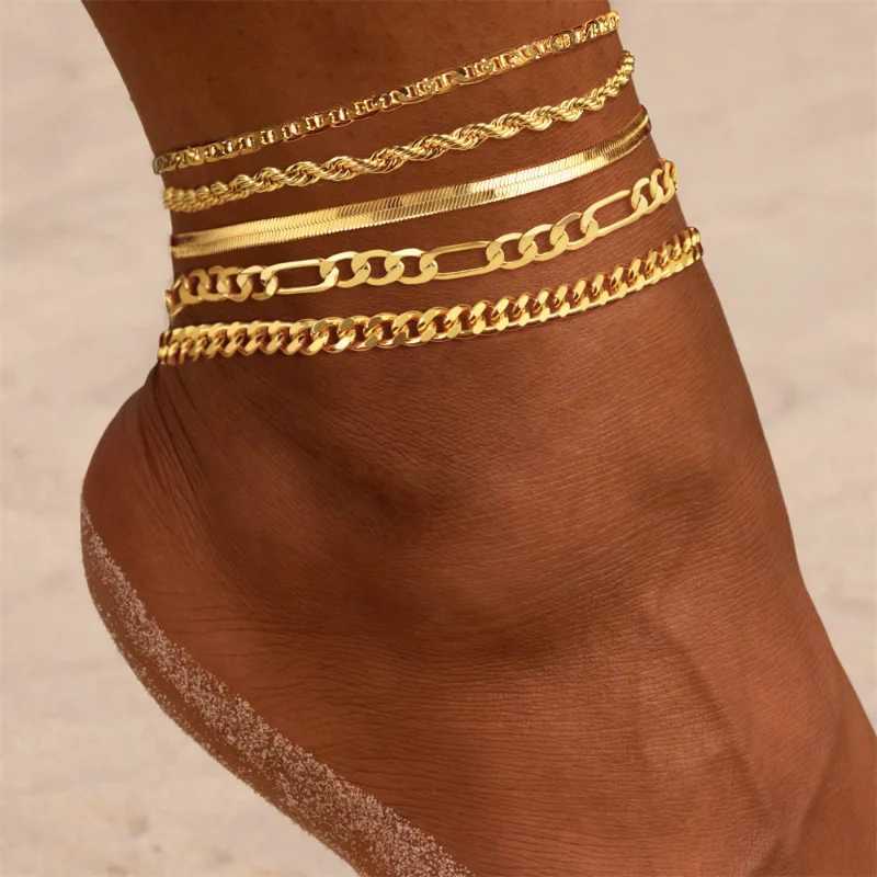 5pcs/7pcs 14K gold-plated ankle Cuban link Figaro Paperclip rope human bone chain ankle set W240926