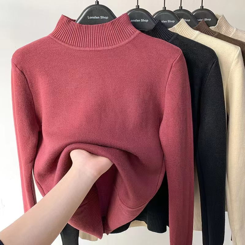 Half-high-necked integrated velvet bottoming shirt sweater with women's autumn and winter pullover imitation mink and velvet knitted mink sweater