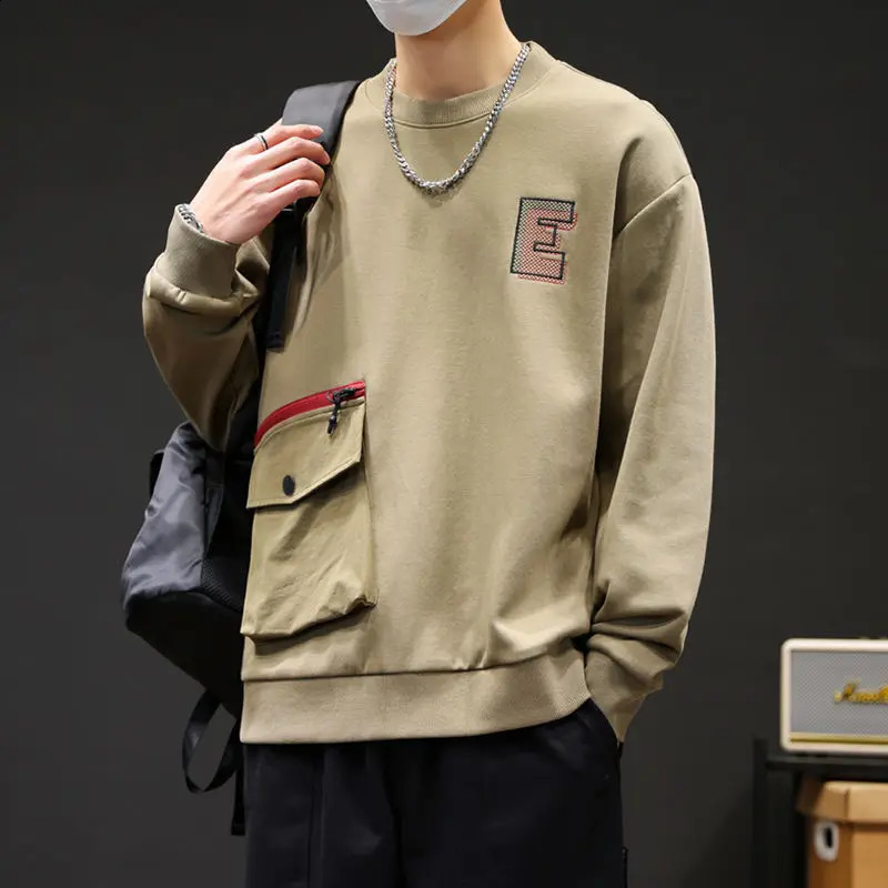 Men Trendy Simple Casual Embroidery Streetwear Sweatshirts Y2K O Neck Long Sleeve Loose Pocket All Match Pullover Tops Sudadera 240919