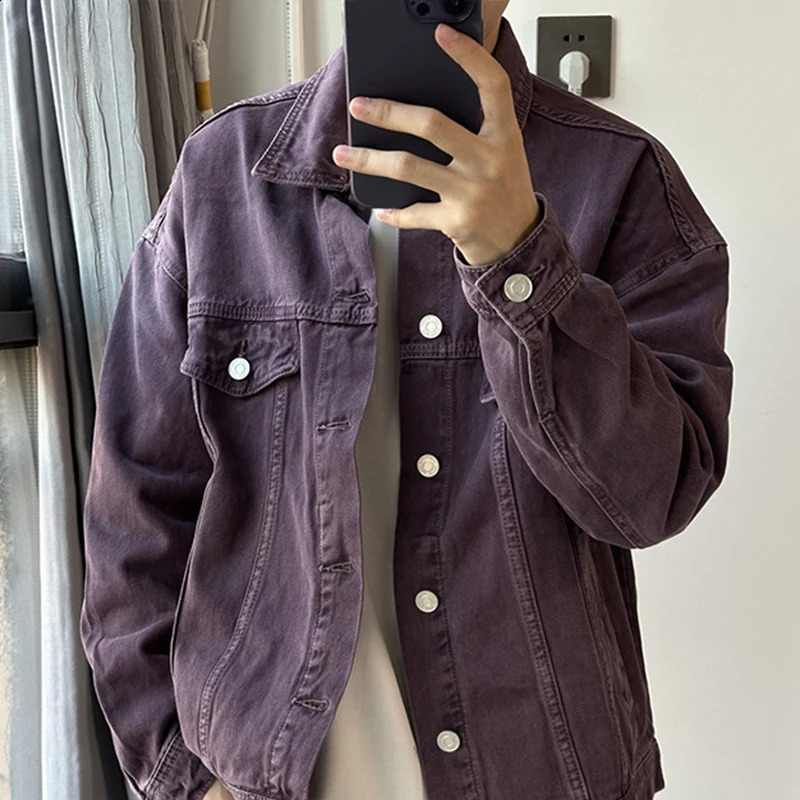 Mens retro washed purple denim jacket street clothing item pocket button up shirt jacket retro fashion M-3XL 240926