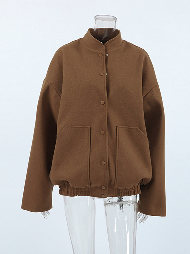 Retro Casual Woolen Button Brown Coats Women Loose Stand Collar Jackets With Pockets Female Autumn Chic High Street Outwear