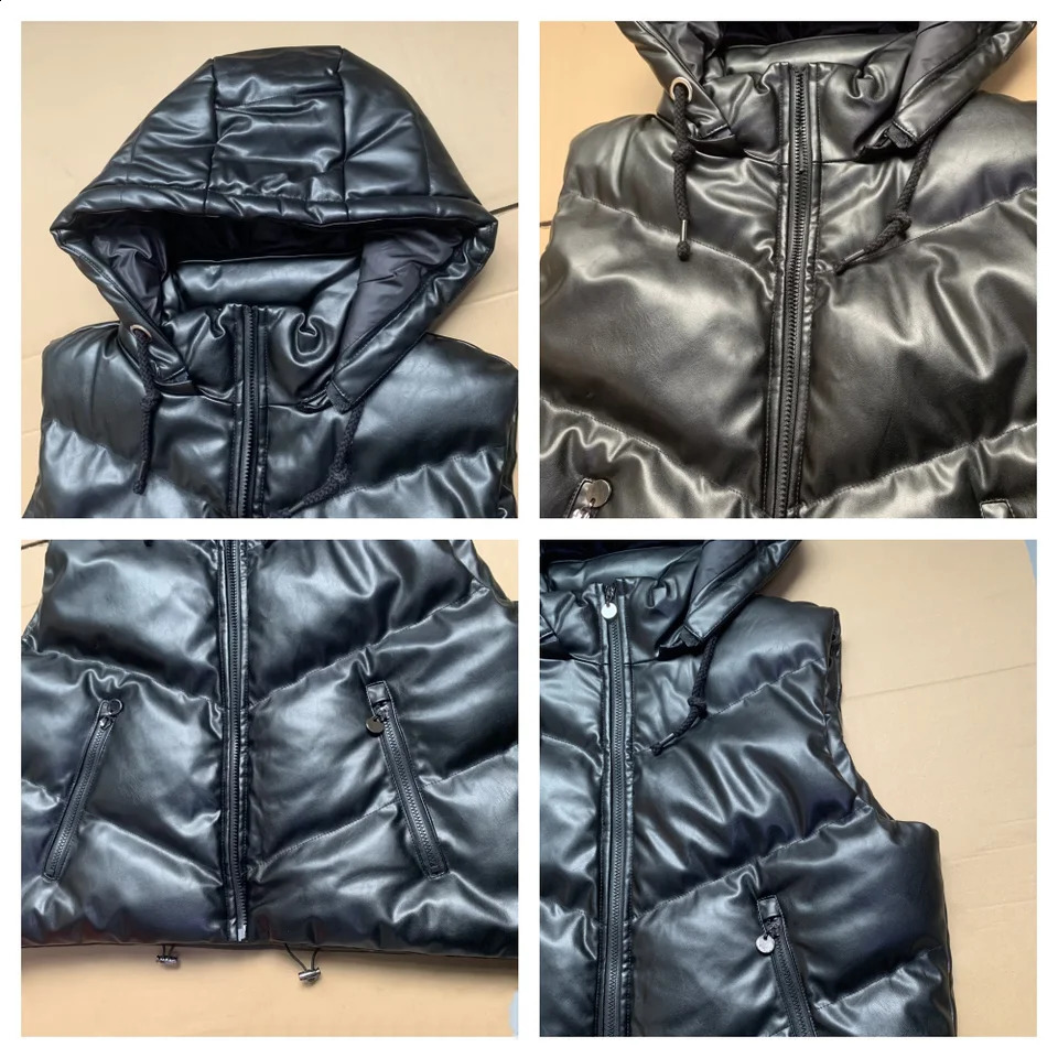 COUPUDI-PU leather fluffy womens vest black hooded park short sleeved jacket sleeveless belt womens fashion 240925