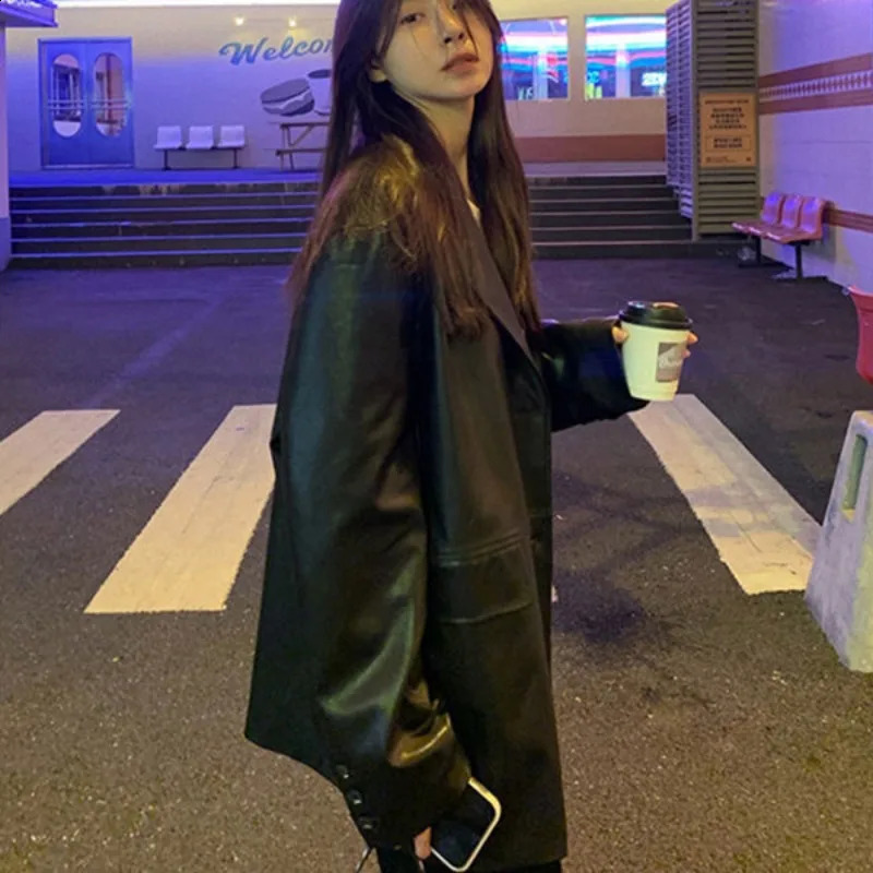 Autumn and Winter Vintage PU Leather Blazer Jacket Women Fashion Casual Loose Oversized Single-breasted Personalized Tops Coat 240918
