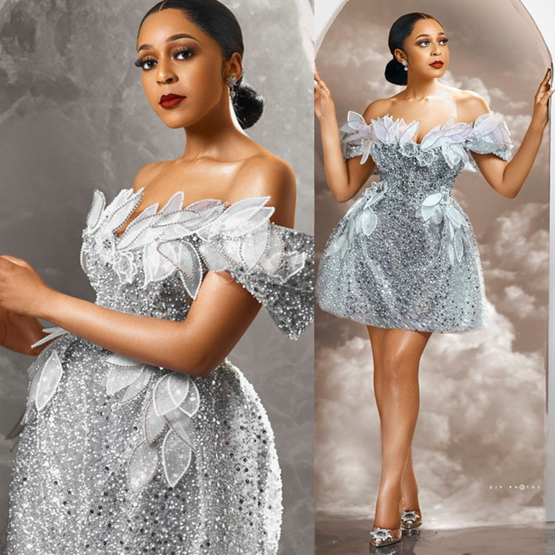 2024 Aso Ebi Silver Cocktail Dresses For Women Short Prom Dresses Mini Dresses Birthday Dresses Off Shoulder Sequined Lace Flora Gala Gowns For Specia