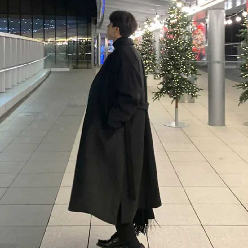 Mens style Korean trend winter wool jacket mens casual loose fit solid wool windproof jacket Coats Street thick warm trench jacket W240925