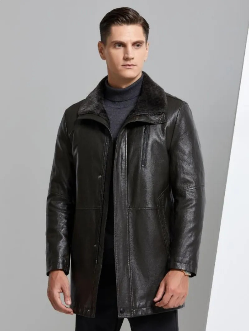 Autumn and winter fur integrated mens leather jacket medium length thick sheepskin collar family casual jacket 240926