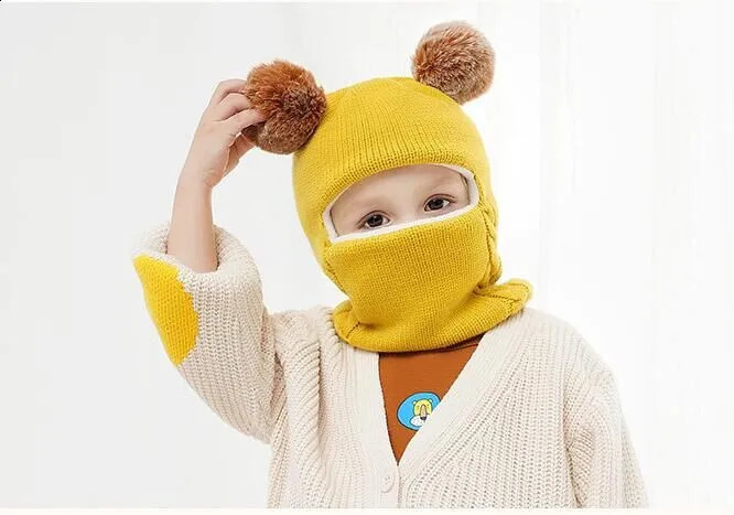 Autumn and Winter Childrens Hat Cartoon Knitted Baby Boys Girls Peek with Wool Lining Scarf 240925