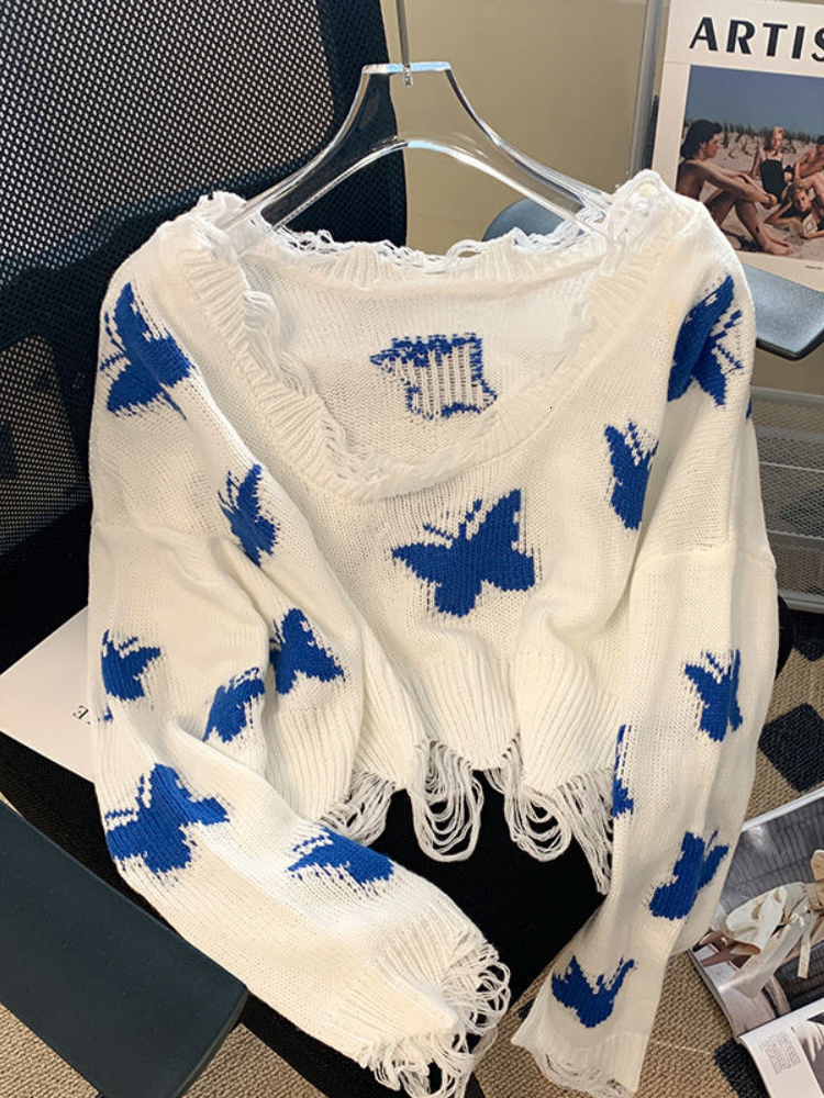 Deeptown Korean Fashion Graphic Knitted Sweater Woman Haruku Sweet Oversized Cropped Tops Off Shoulder Casual Loose Jumper Y2K