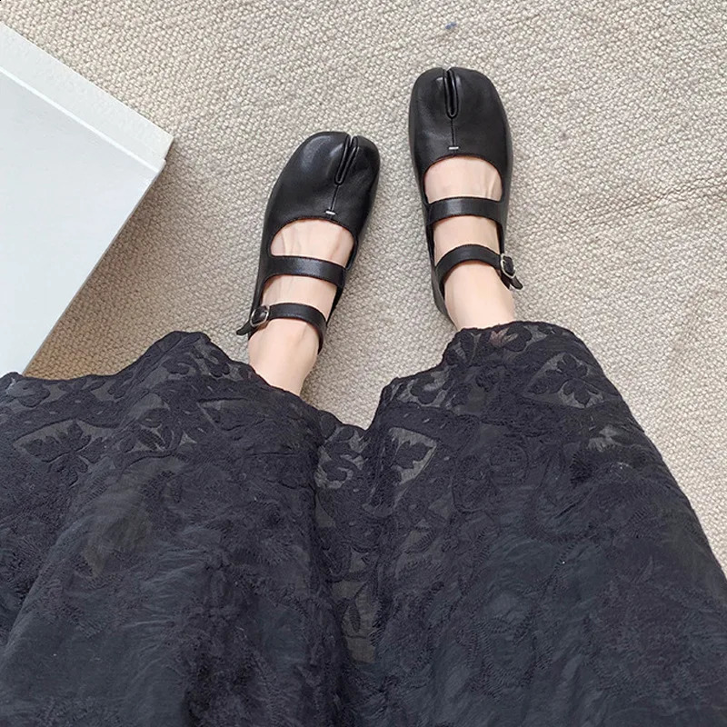 Tabi ninja mary janes leather shoes woman double buckle belt moccasins split toe lolita flats trotters loafers