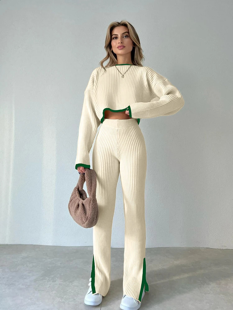Deioao Knitted Sexy Women 2-Piece Autumn Umbilical Long Sleeve O-Neck Sweater Bodycon High Waist Split Pants Casual Body 240920