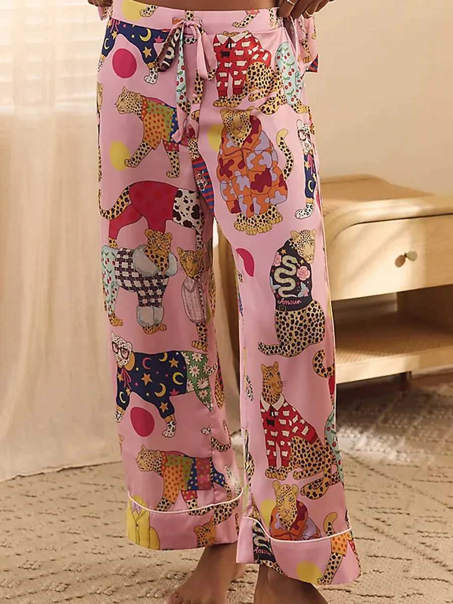 Women s Pajama Set Cheetah Print Lapel Neck Button Down Long Sleeve Tops Drawstring Pants Lounge Set for Spring Fall M240925