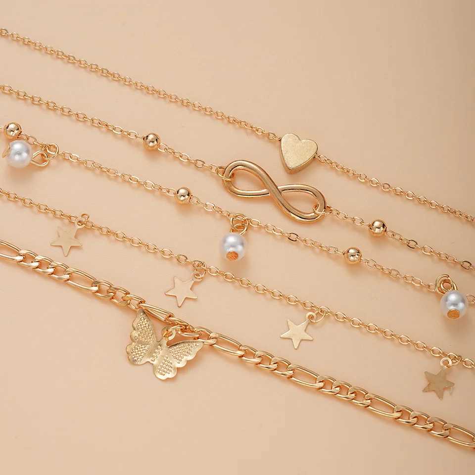 Bohemia 3PCS5Pcs for Retro Set Multilayer Women Tassel Vintage Anklet Pearl Butterfly Star Heart Pendant Foot Bracelet Beach JewelryX2409