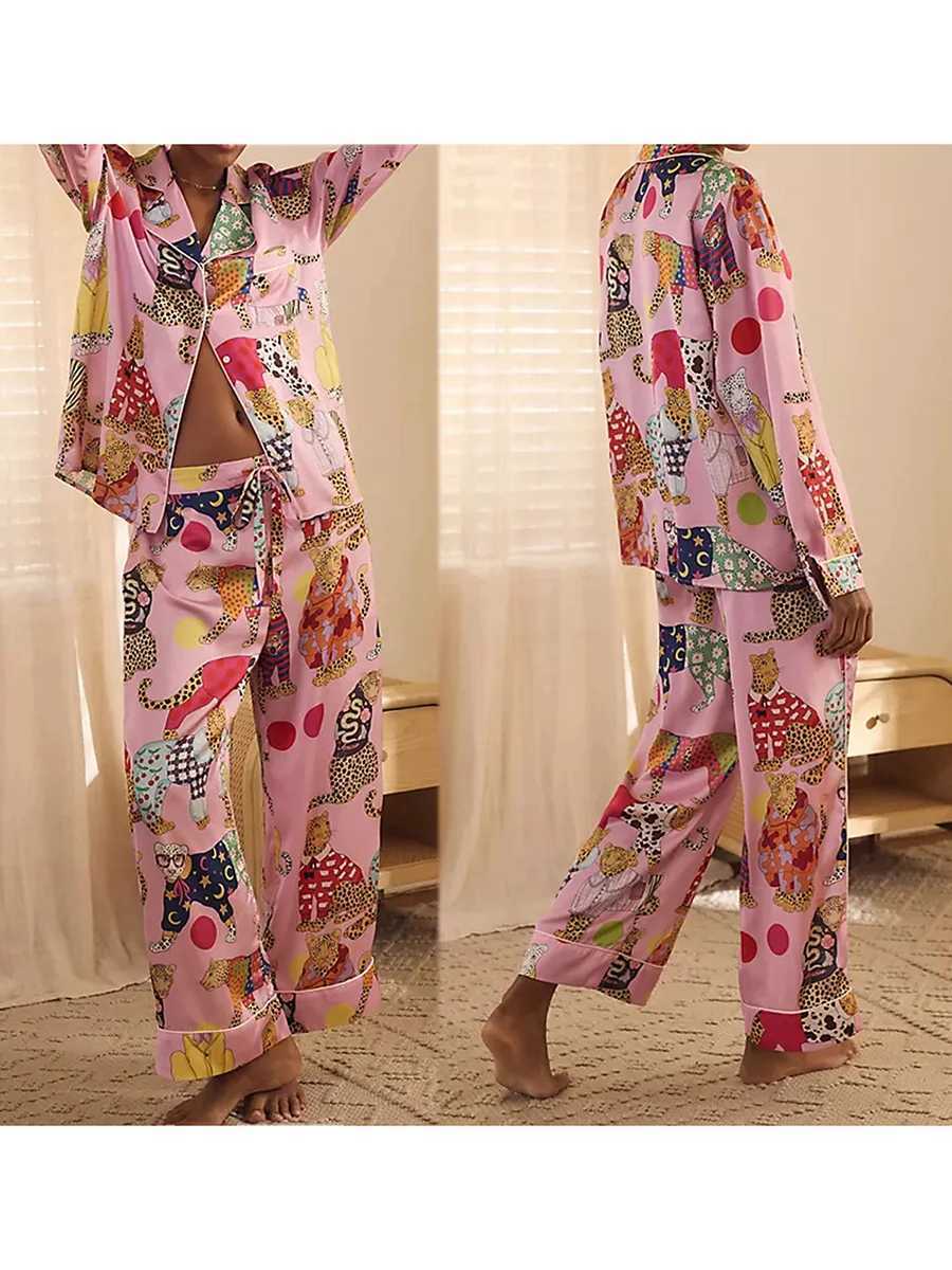 Women s Pajama Set Cheetah Print Lapel Neck Button Down Long Sleeve Tops Drawstring Pants Lounge Set for Spring Fall M240925