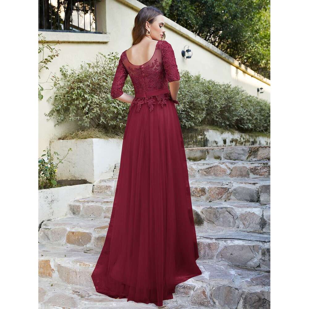 Elegant A e Tulle Long Bridesmaid Dresses For Women Half Sleeve Lace Applique Bury High Split Guest Party Gowns CPS470