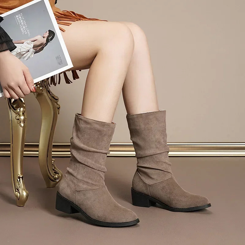 Women's Fur Suede Western Mid-Calf New Pointed Thick Heel Short Vintage Pleated Fashion Boots Women 2024