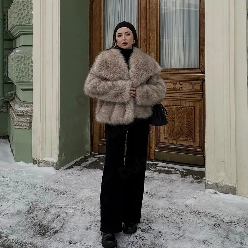 Gradient Fluffy Coat Women 2024 Winter High Street Big Collar Furry Faux Fox Fur Jacket Female Overcoats