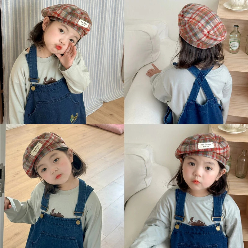 Fashion retro wool autumn winter patch work flat top boy and girl street clothing children artist paint hat 240925