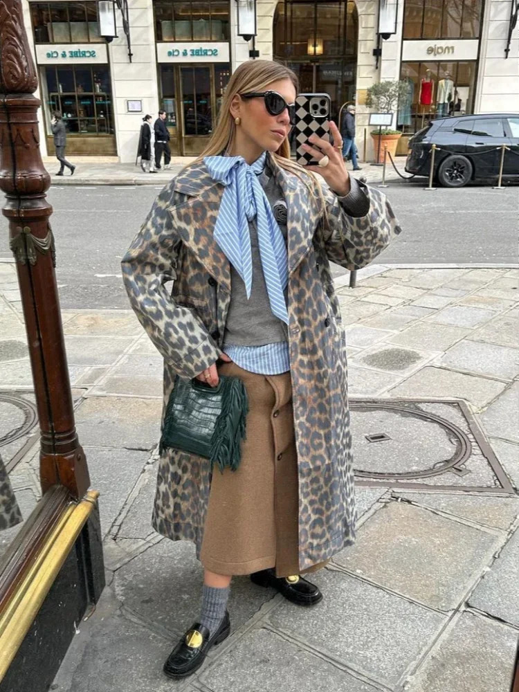 Vintage Leopard Print Single Breasted Long Overcoats Lapel Full Sleeve Pocket Loose Windbreak Coat Fashion Lady Commute Outwear 240918