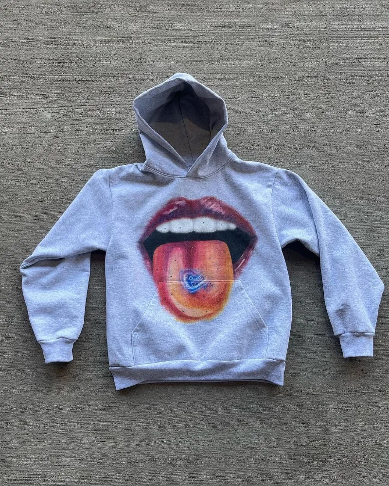 American High Street Retro Big Mouth Anime Print Oversized Hoodie Men Y2k Harajuku Fashion Hiphop Rock Loose Pullover Women 240920