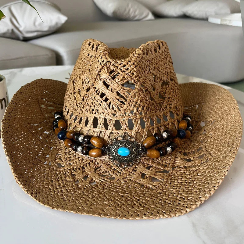 Vintage Summer Beach Bohemian Straw Hat Shell Womens Western Cowboy Hat Wooden Bead Hollow Sun Hat Holiday Hat 240924