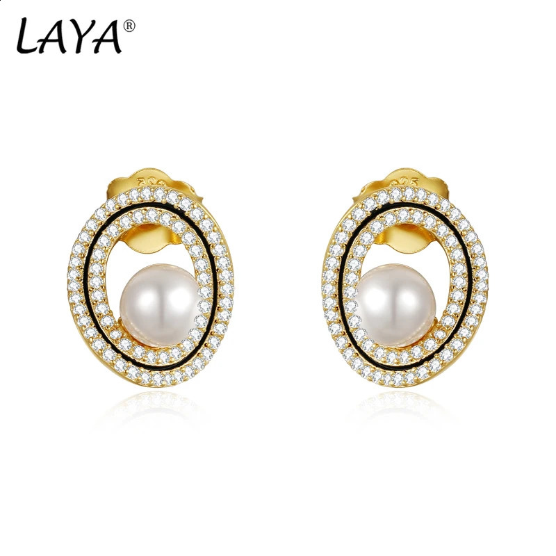 LAYA 100% 925 sterling silver minimalist pearl earrings suitable for womens sparkling zircon perforated earrings exquisite Korean jewelry 240925