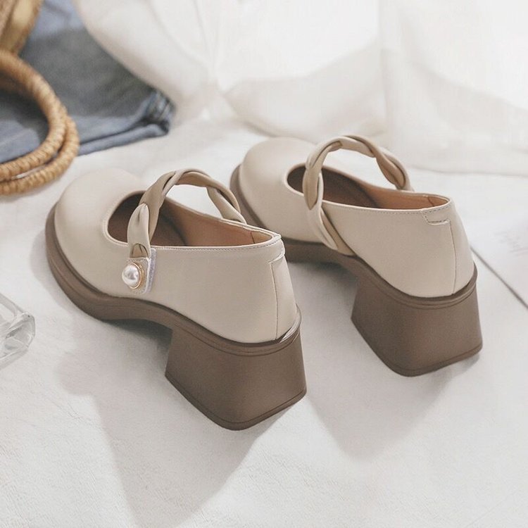 High Chunky Heel Leather Shoes: Solid Gentle Style Comfort Triple Beige 65e2