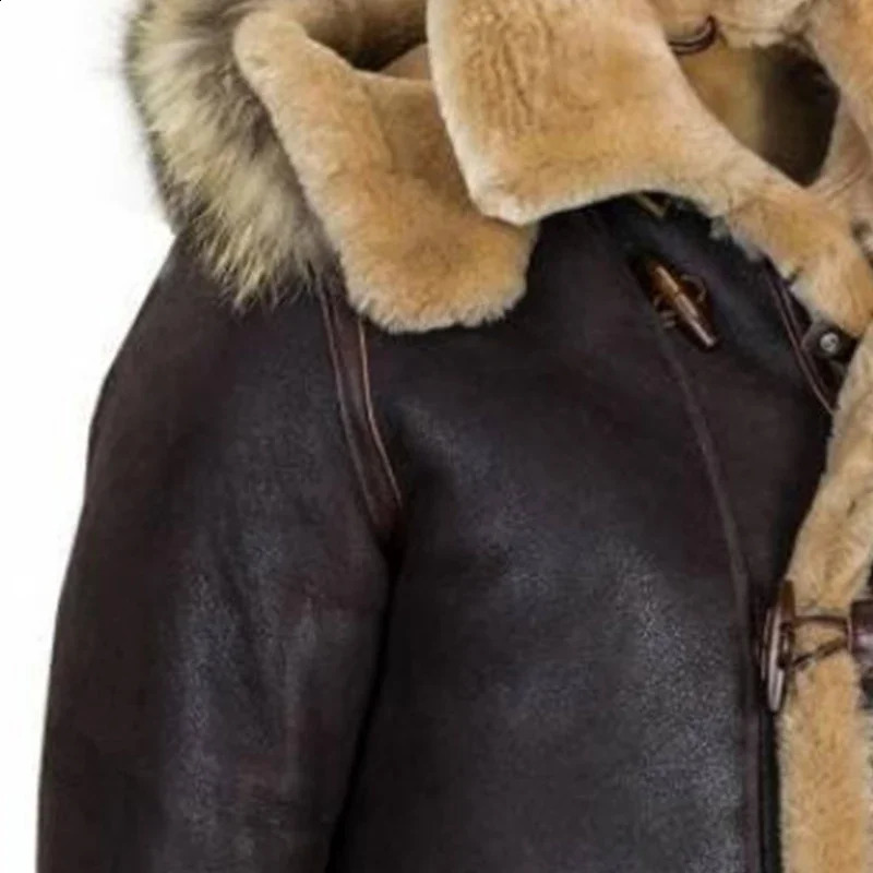Mens Winter Leather Jacket Outdoor Warm Hooded Flip Collar Suede Coat Casual Motorcycle Windproof Plush Coat 240926