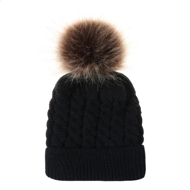 Winter hat childrens knitted baby fur Pom girls warm and toddler 240925