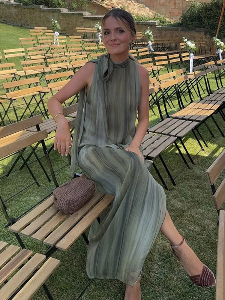 Contrast Color Hanging Neck Maxi Dress Womens Chic Shoulder Sleeveless Splicing Loose Pants Womens Casual Party Dress 240926