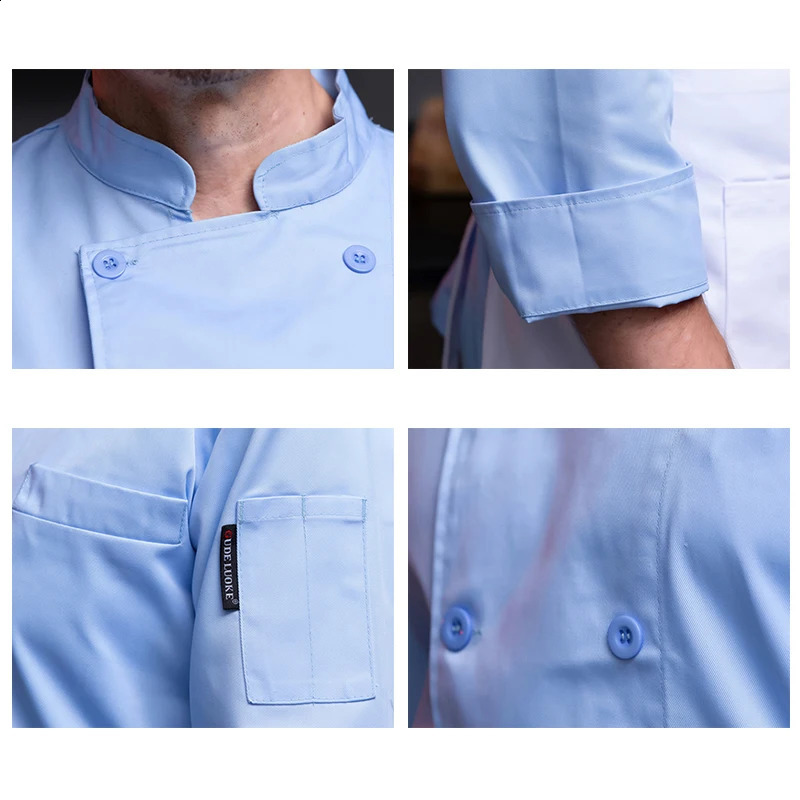 Light Blue Chef Jacket Restaurant Kitchen Uniform Canteen Double breasted Chef Long sleeved Mens and Womens Waiting Work Clothes 240926