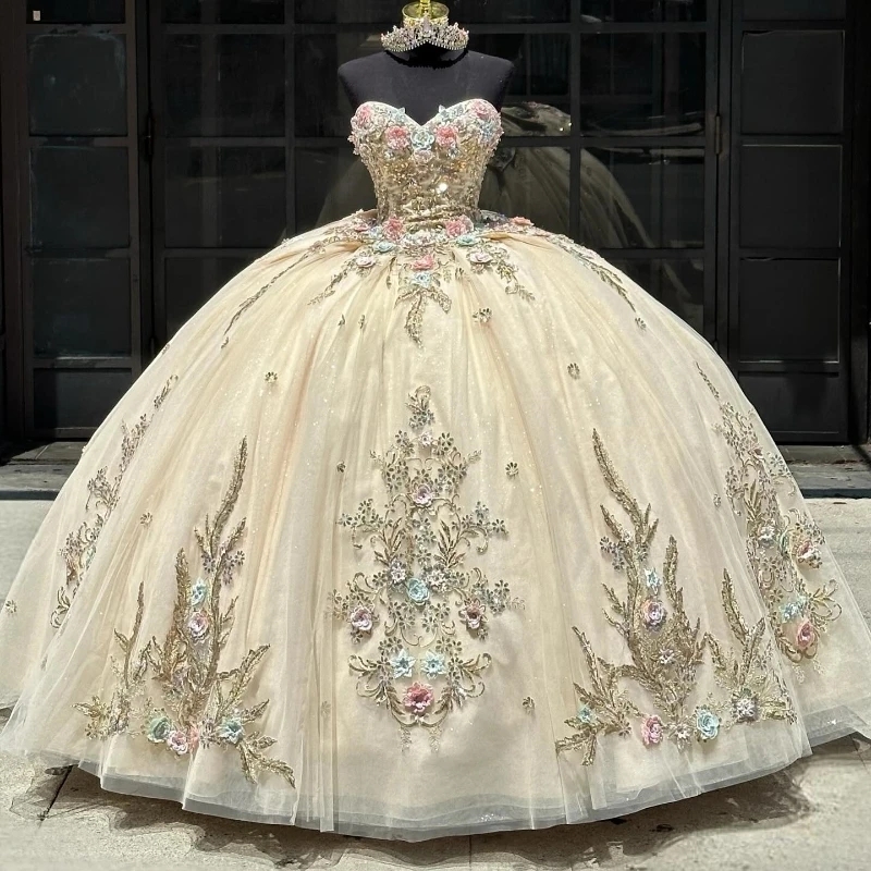 Quinceanera Champagne Ball Gown Off The Shoulder Sequined Appliques Beads Birthday Dress Lace Up Vestidos De Anos D