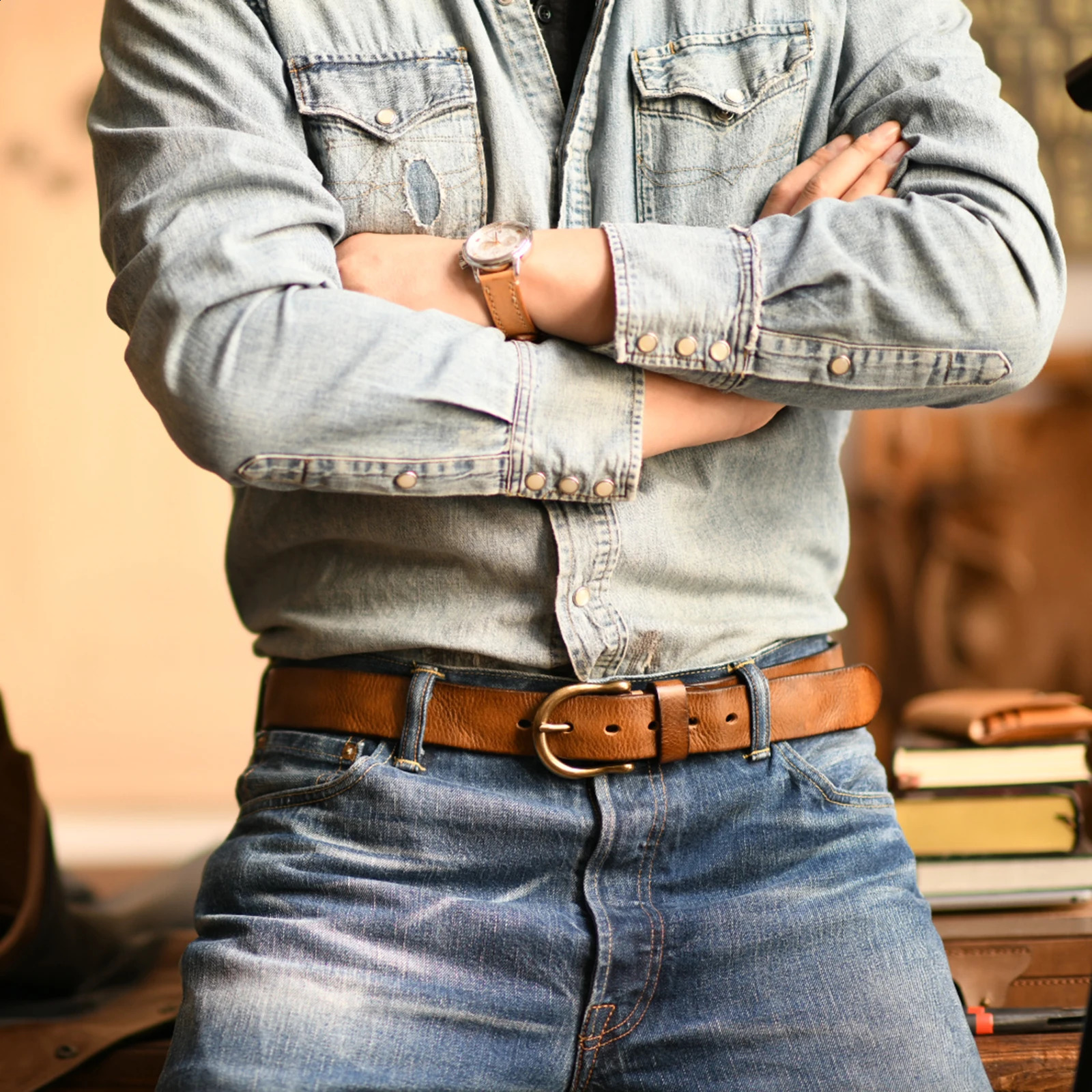 Handmade retro style pure copper horseshoe buckle unlined denim mens belt leather jeans mens belt 240925