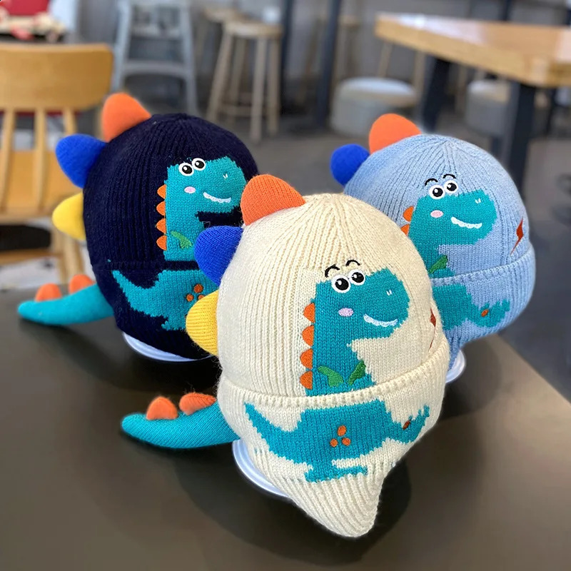Baby winter hat cartoon dinosaur warm knitted bean earmuffs for children boys and girls outdoor 240925