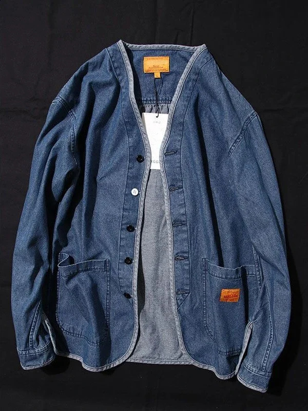Japanese denim jacket mens street Vneck spring autumn coat single chest casual retro clothing 240921