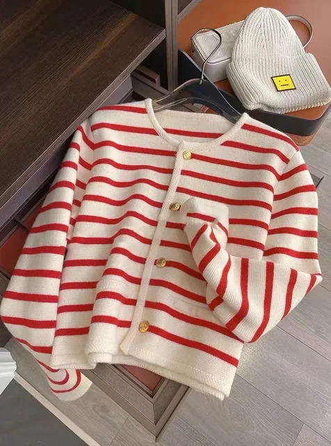 Women Spring Autumn Sweaters Oneck Stripe Knitted Cardigan Fashion Long Slve Casual Short Tops Korean Style New L251018MRAZ